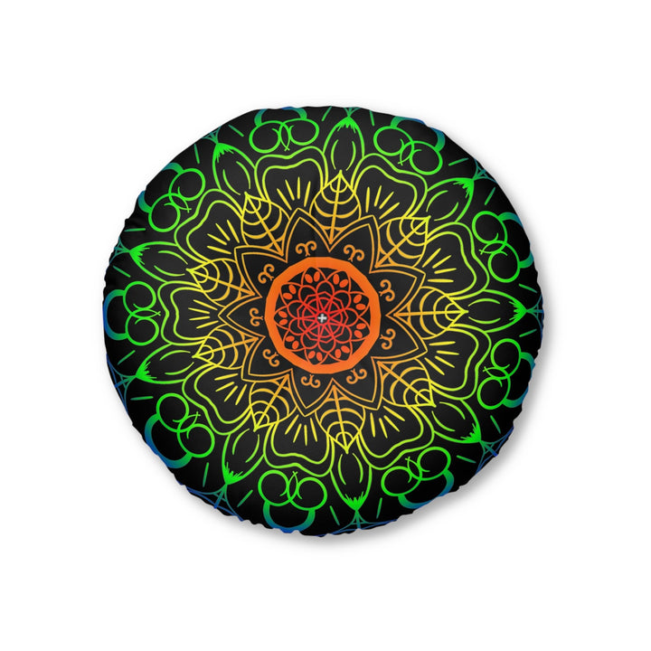 Floor Cushion Handmade Mandala Art - Rainbow on Black background - Drawn by Hand - Tufted Floor Pillow, Round - Blululi