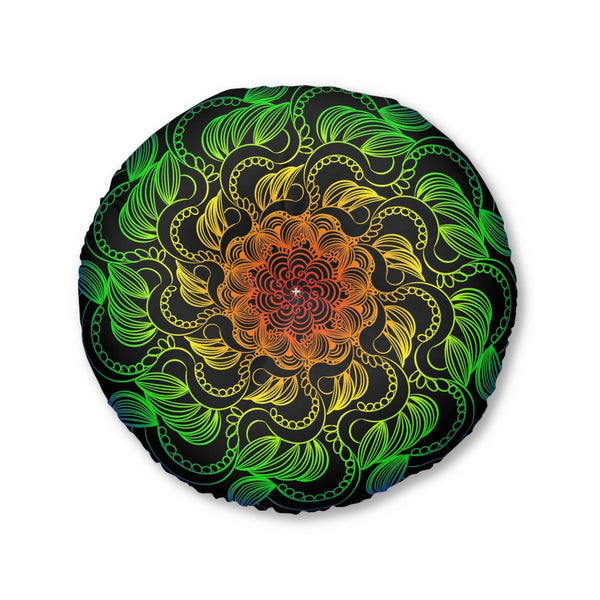 Floor Cushion Handmade Mandala Art - Rainbow on Black background - Drawn by Hand - Tufted Floor Pillow, Round - Blululi