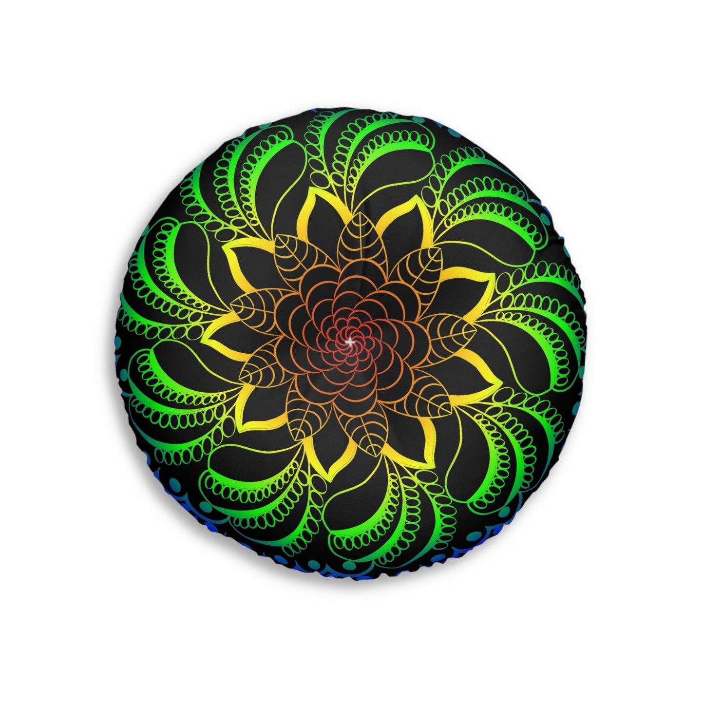 Floor Cushion Handmade Mandala Art - Rainbow on Black background - Drawn by Hand - Tufted Floor Pillow, Round - Blululi