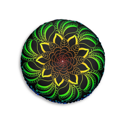 Floor Cushion Handmade Mandala Art - Rainbow on Black background - Drawn by Hand - Tufted Floor Pillow, Round - Blululi