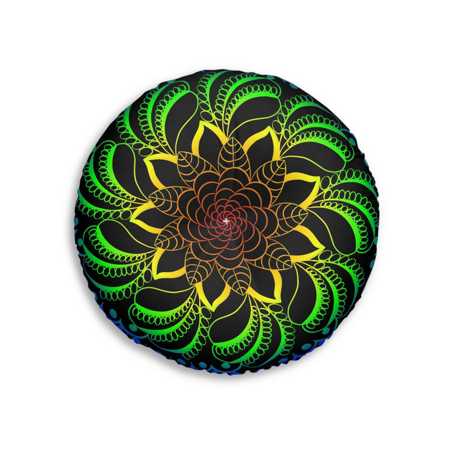 Floor Cushion Handmade Mandala Art - Rainbow on Black background - Drawn by Hand - Tufted Floor Pillow, Round - Blululi