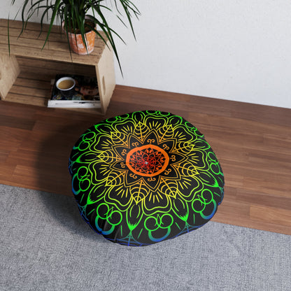 Floor Cushion Handmade Mandala Art - Rainbow on Black background - Drawn by Hand - Tufted Floor Pillow, Round - Blululi