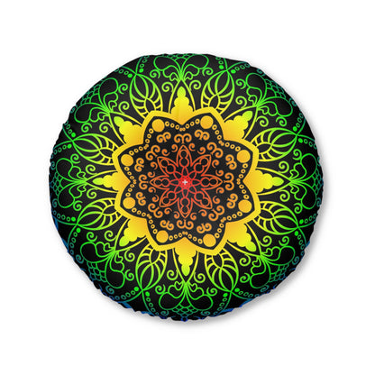 Floor Cushion Handmade Mandala Art - Rainbow on Black background - Drawn by Hand - Tufted Floor Pillow, Round - Blululi