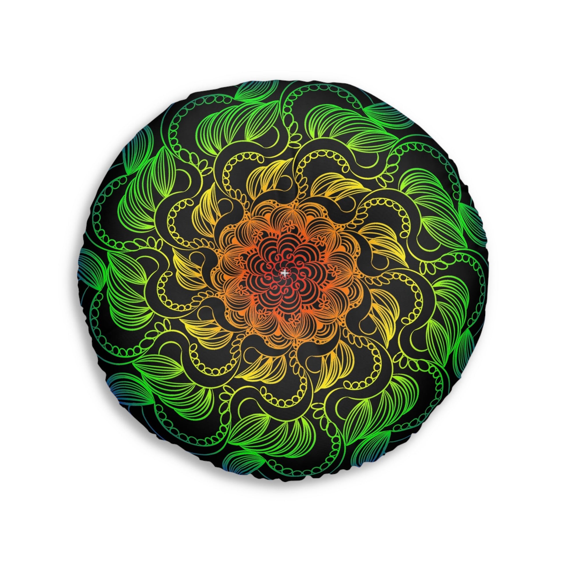 Floor Cushion Handmade Mandala Art - Rainbow on Black background - Drawn by Hand - Tufted Floor Pillow, Round - Blululi