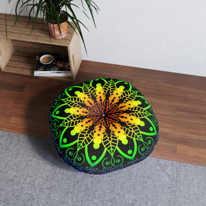 Floor Cushion Handmade Mandala Art - Rainbow on Black background - Drawn by Hand - Tufted Floor Pillow, Round - Blululi