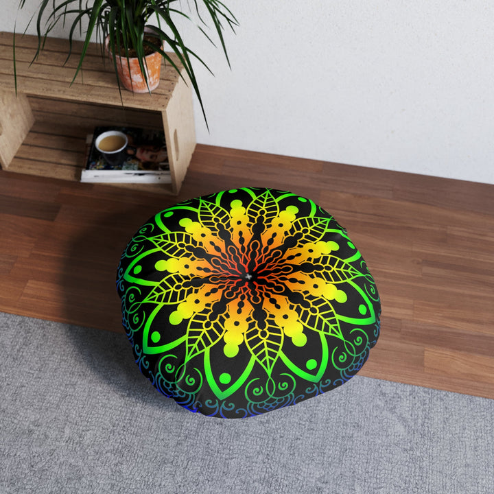 Floor Cushion Handmade Mandala Art - Rainbow on Black background - Drawn by Hand - Tufted Floor Pillow, Round - Blululi