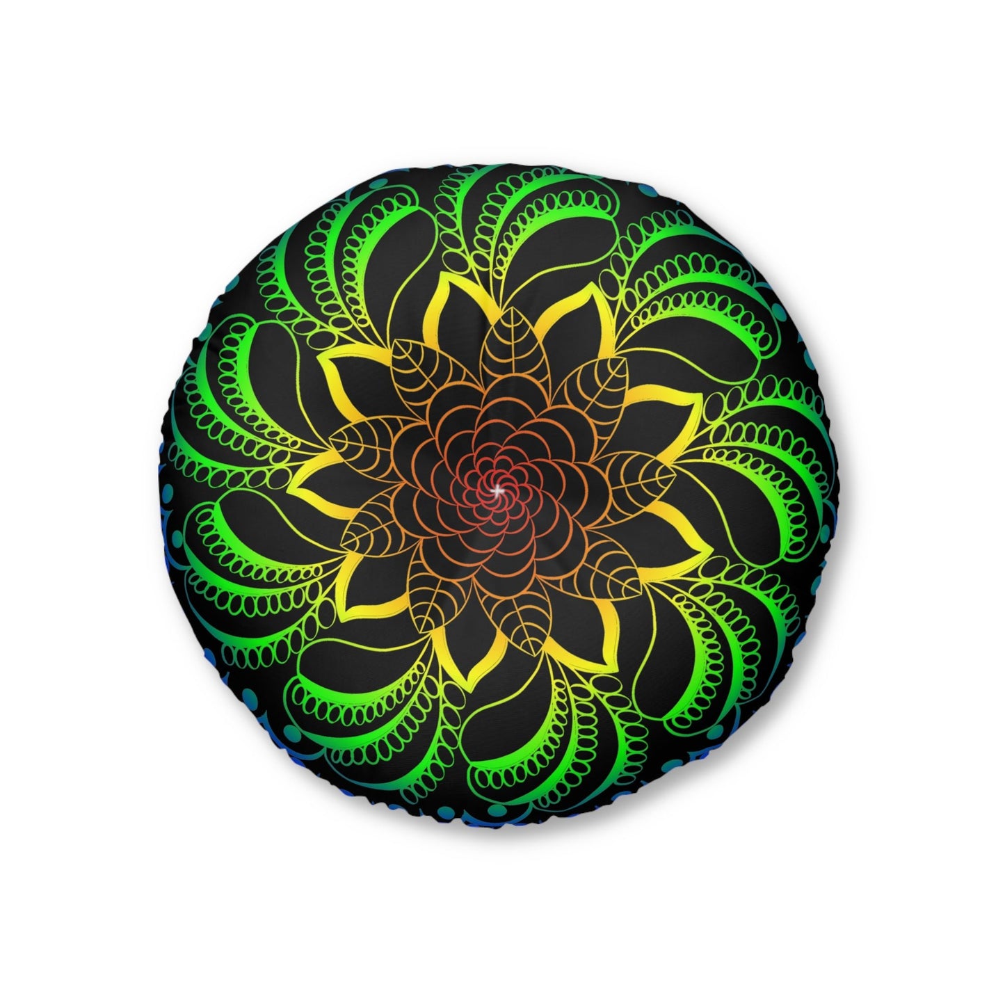 Floor Cushion Handmade Mandala Art - Rainbow on Black background - Drawn by Hand - Tufted Floor Pillow, Round - Blululi