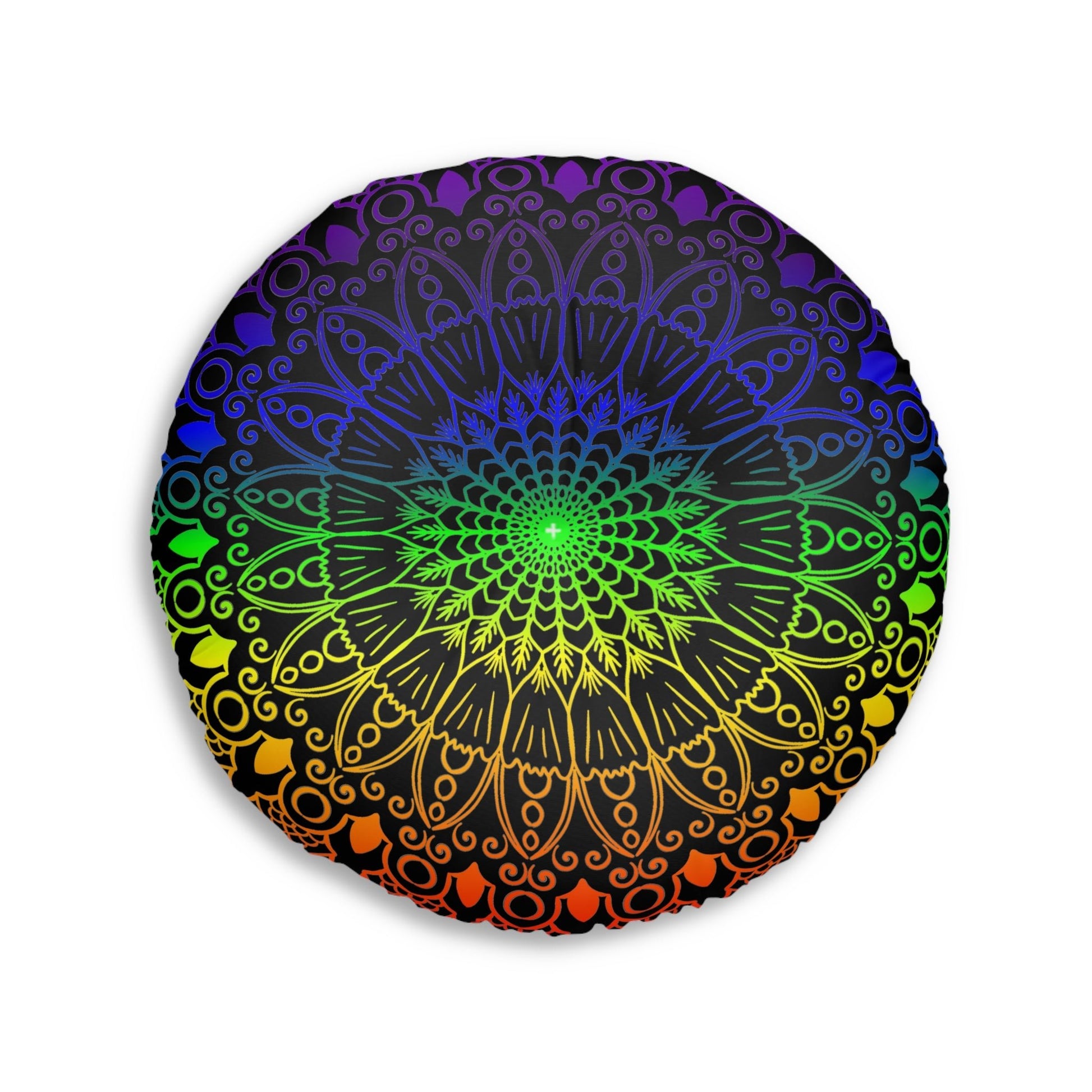 Floor Cushion Handmade Mandala Art - Rainbow on Black background - Drawn by Hand - Tufted Floor Pillow, Round - Blululi