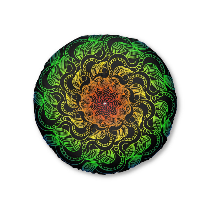 Floor Cushion Handmade Mandala Art - Rainbow on Black background - Drawn by Hand - Tufted Floor Pillow, Round - Blululi