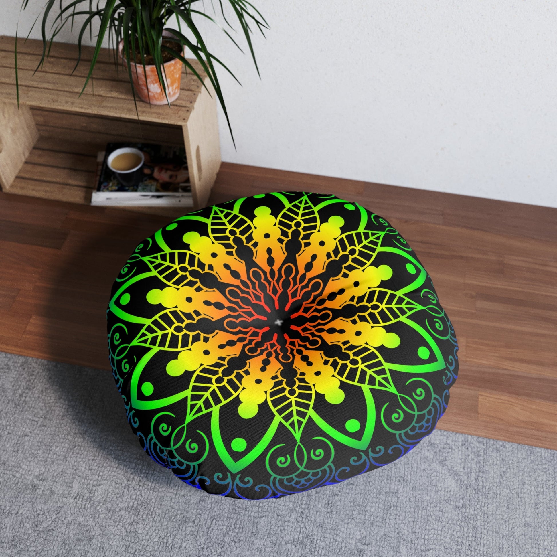 Floor Cushion Handmade Mandala Art - Rainbow on Black background - Drawn by Hand - Tufted Floor Pillow, Round - Blululi