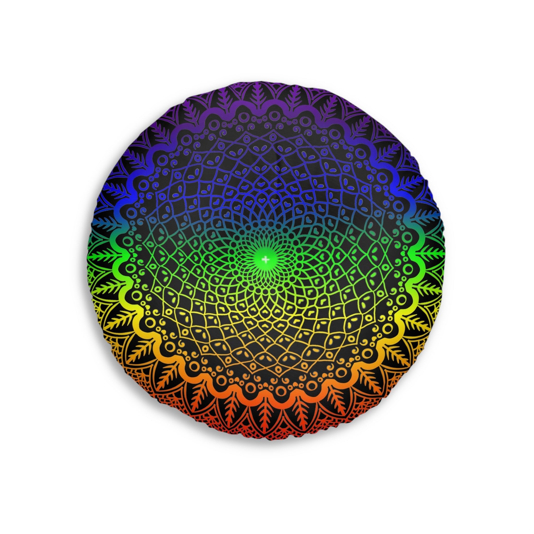 Floor Cushion Handmade Mandala Art - Rainbow on Black background - Drawn by Hand - Tufted Floor Pillow, Round - Blululi