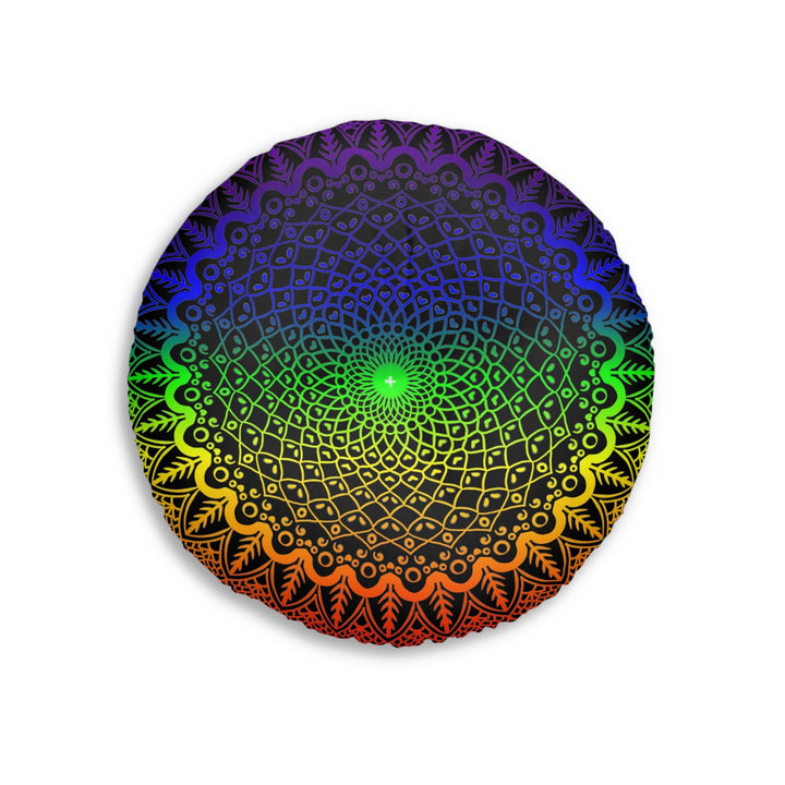 Floor Cushion Handmade Mandala Art - Rainbow on Black background - Drawn by Hand - Tufted Floor Pillow, Round - Blululi