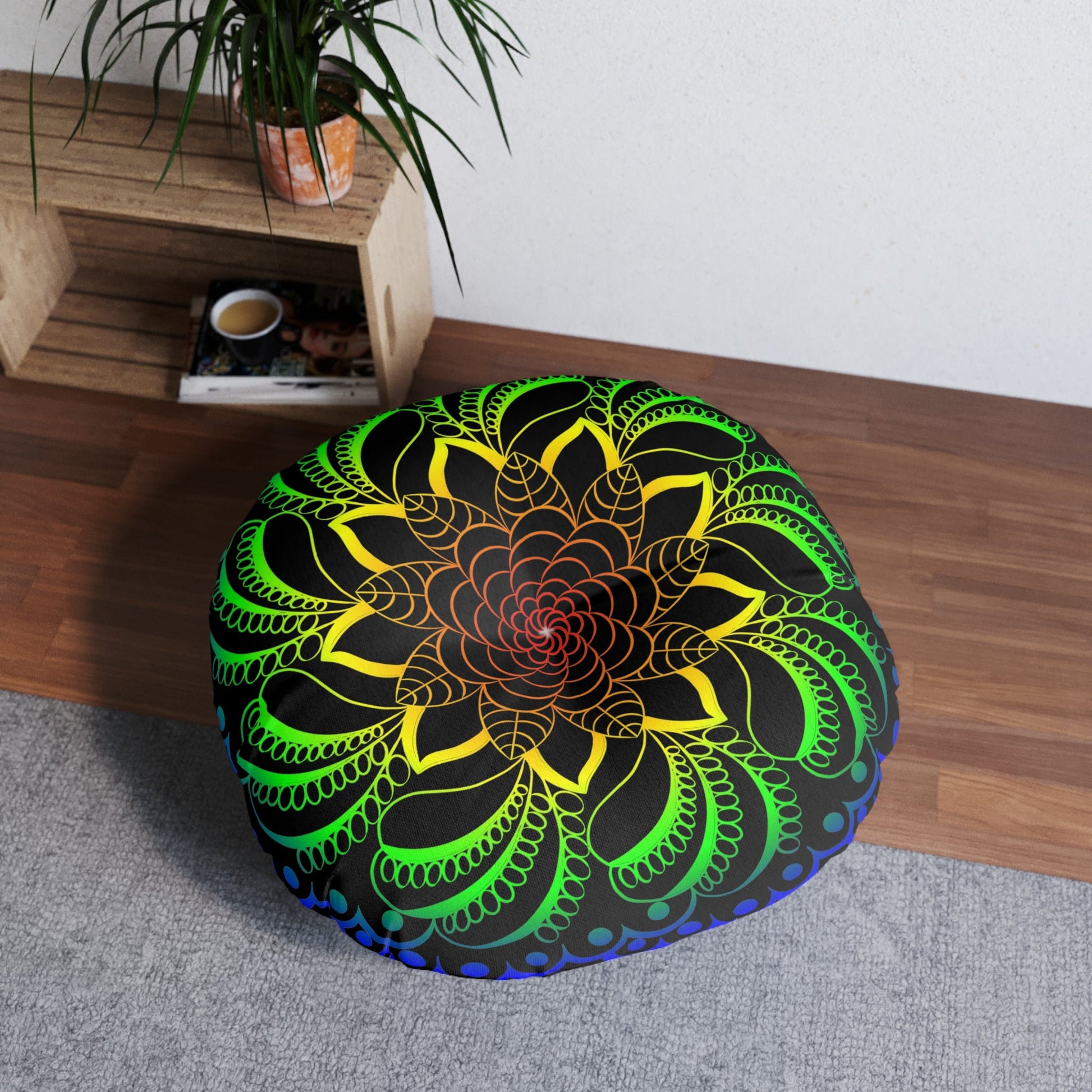 Floor Cushion Handmade Mandala Art - Rainbow on Black background - Drawn by Hand - Tufted Floor Pillow, Round - Blululi