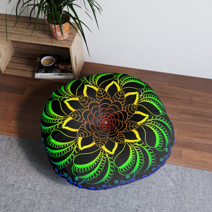 Floor Cushion Handmade Mandala Art - Rainbow on Black background - Drawn by Hand - Tufted Floor Pillow, Round - Blululi