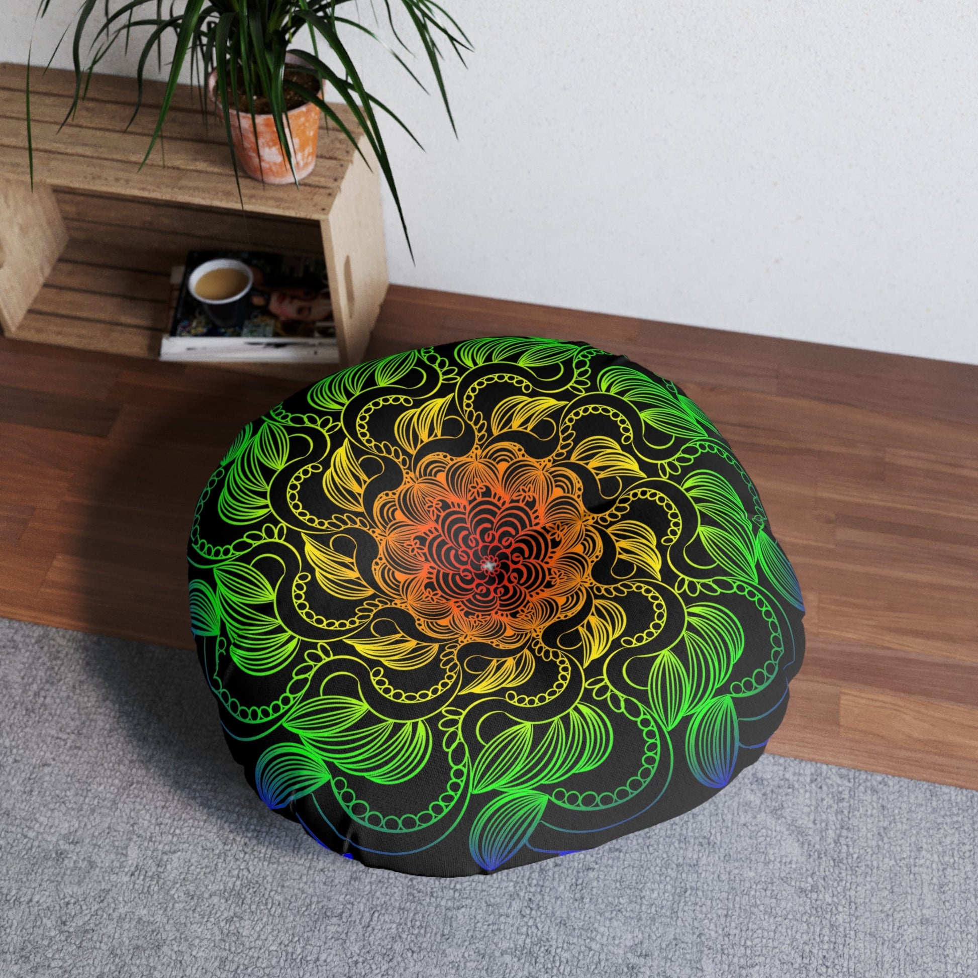 Floor Cushion Handmade Mandala Art - Rainbow on Black background - Drawn by Hand - Tufted Floor Pillow, Round - Blululi