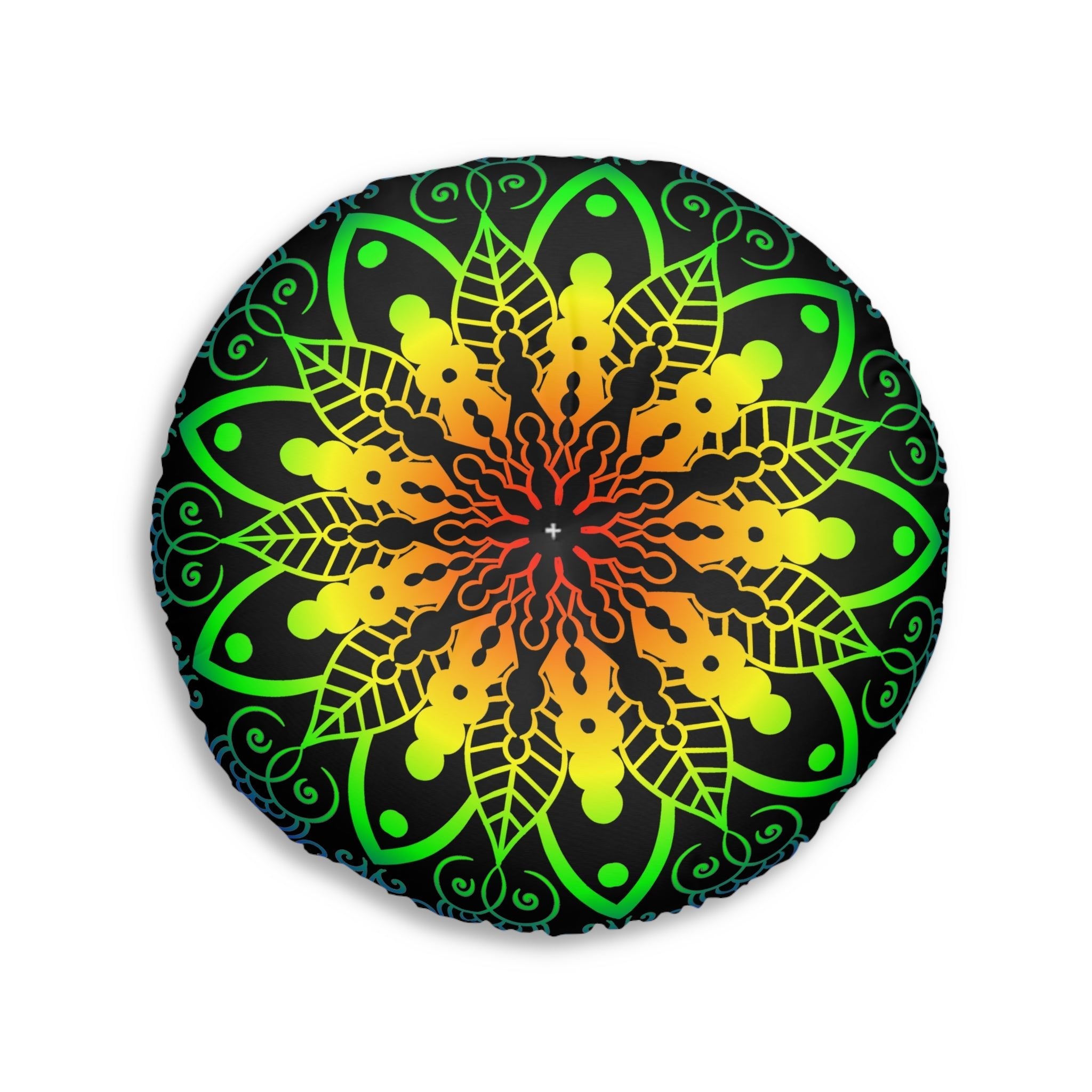 Floor Cushion Handmade Mandala Art - Rainbow on Black background - Drawn by Hand - Tufted Floor Pillow, Round - Blululi