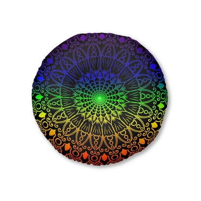 Floor Cushion Handmade Mandala Art - Rainbow on Black background - Drawn by Hand - Tufted Floor Pillow, Round - Blululi