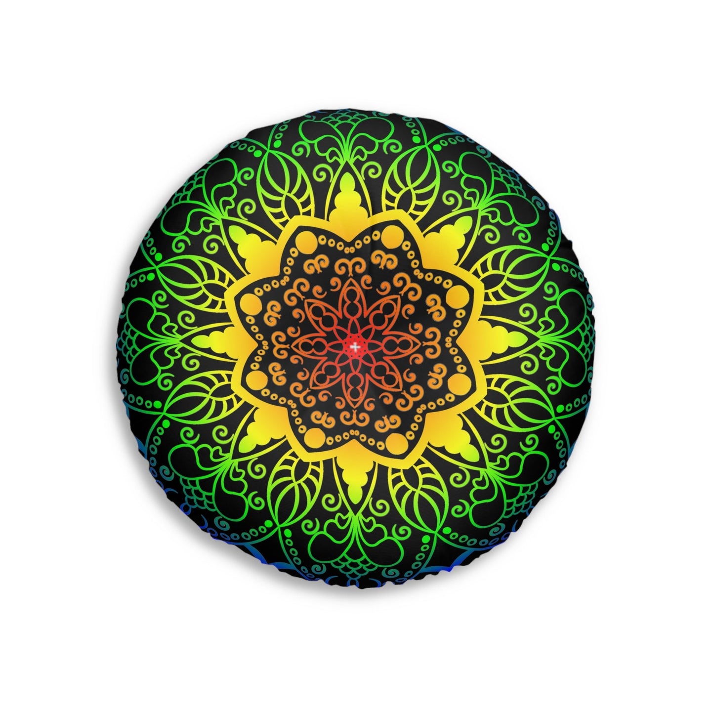 Floor Cushion Handmade Mandala Art - Rainbow on Black background - Drawn by Hand - Tufted Floor Pillow, Round - Blululi