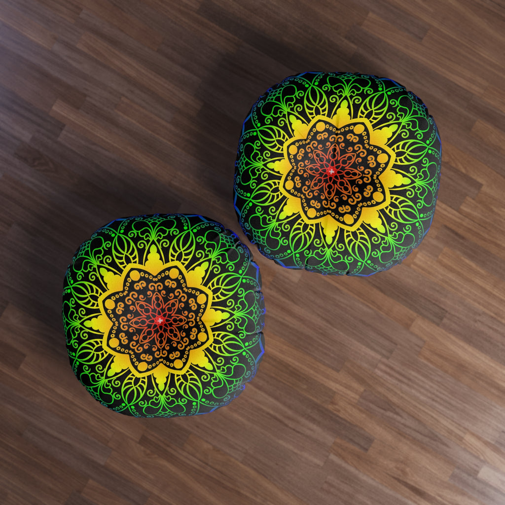 Floor Cushion Handmade Mandala Art - Rainbow on Black background - Drawn by Hand - Tufted Floor Pillow, Round - Blululi