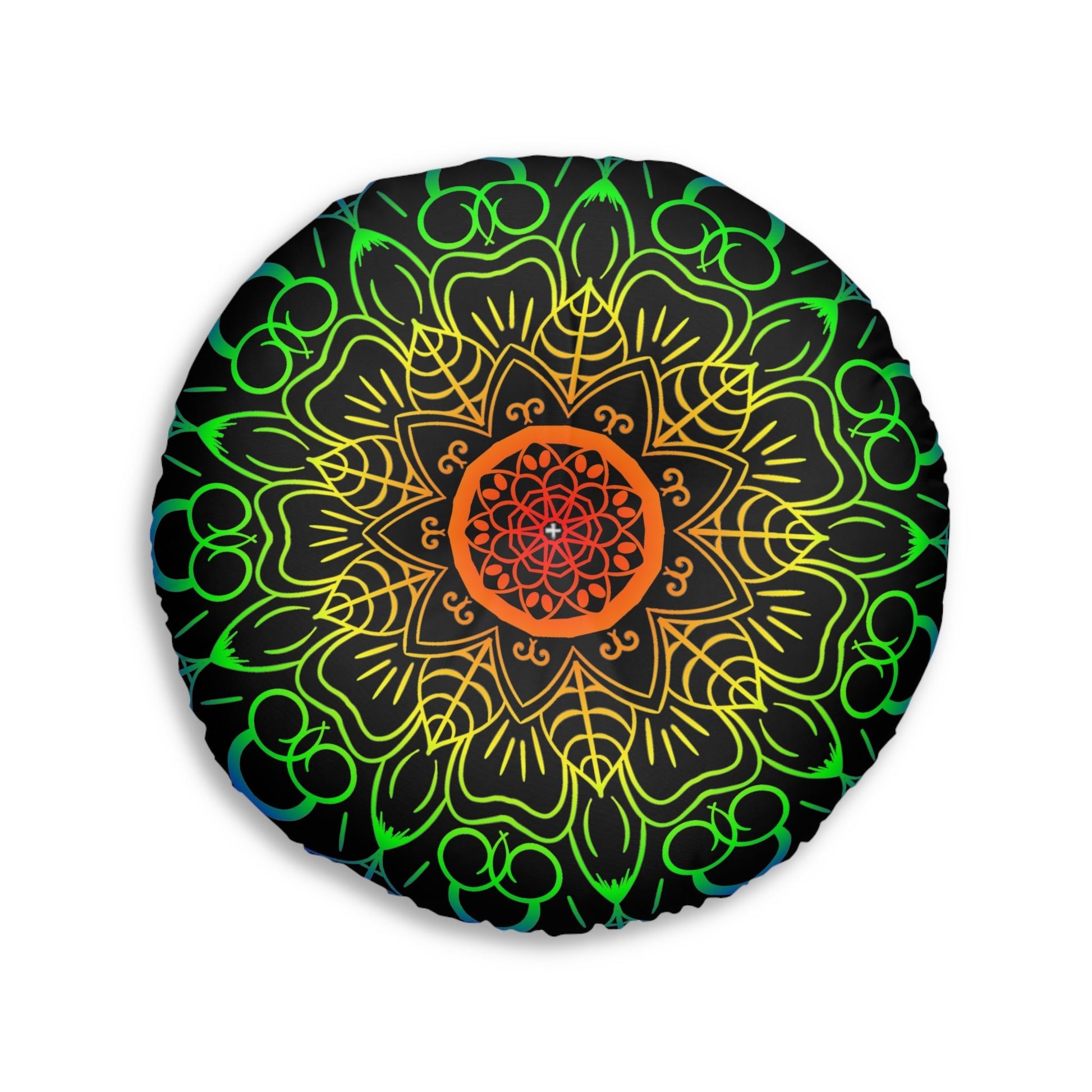 Floor Cushion Handmade Mandala Art - Rainbow on Black background - Drawn by Hand - Tufted Floor Pillow, Round - Blululi