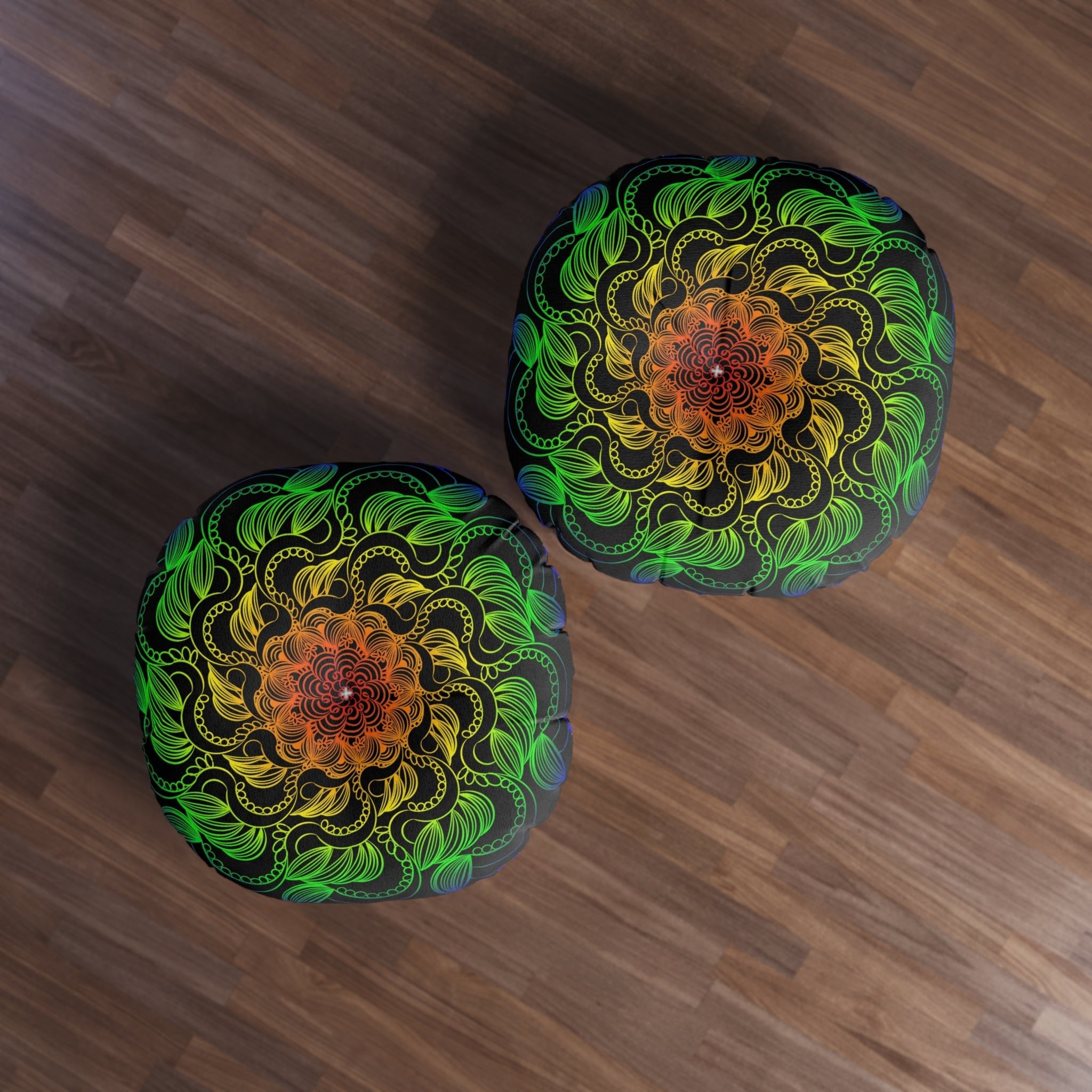 Floor Cushion Handmade Mandala Art - Rainbow on Black background - Drawn by Hand - Tufted Floor Pillow, Round - Blululi