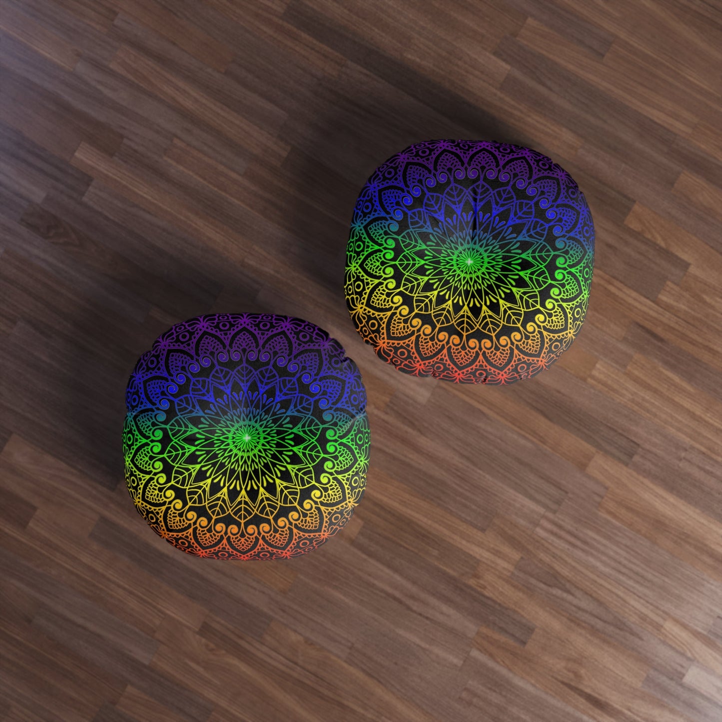 Floor Cushion Handmade Mandala Art - Rainbow on Black background - Drawn by Hand - Tufted Floor Pillow, Round - Blululi