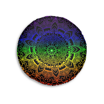 Floor Cushion Handmade Mandala Art - Rainbow on Black background - Drawn by Hand - Tufted Floor Pillow, Round - Blululi