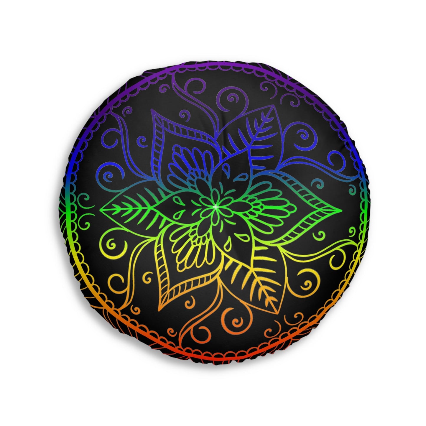 Floor Cushion Handmade Mandala Art - Rainbow on Black background - Drawn by Hand - Tufted Floor Pillow, Round - Blululi