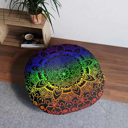 Floor Cushion Handmade Mandala Art - Rainbow on Black background - Drawn by Hand - Tufted Floor Pillow, Round - Blululi