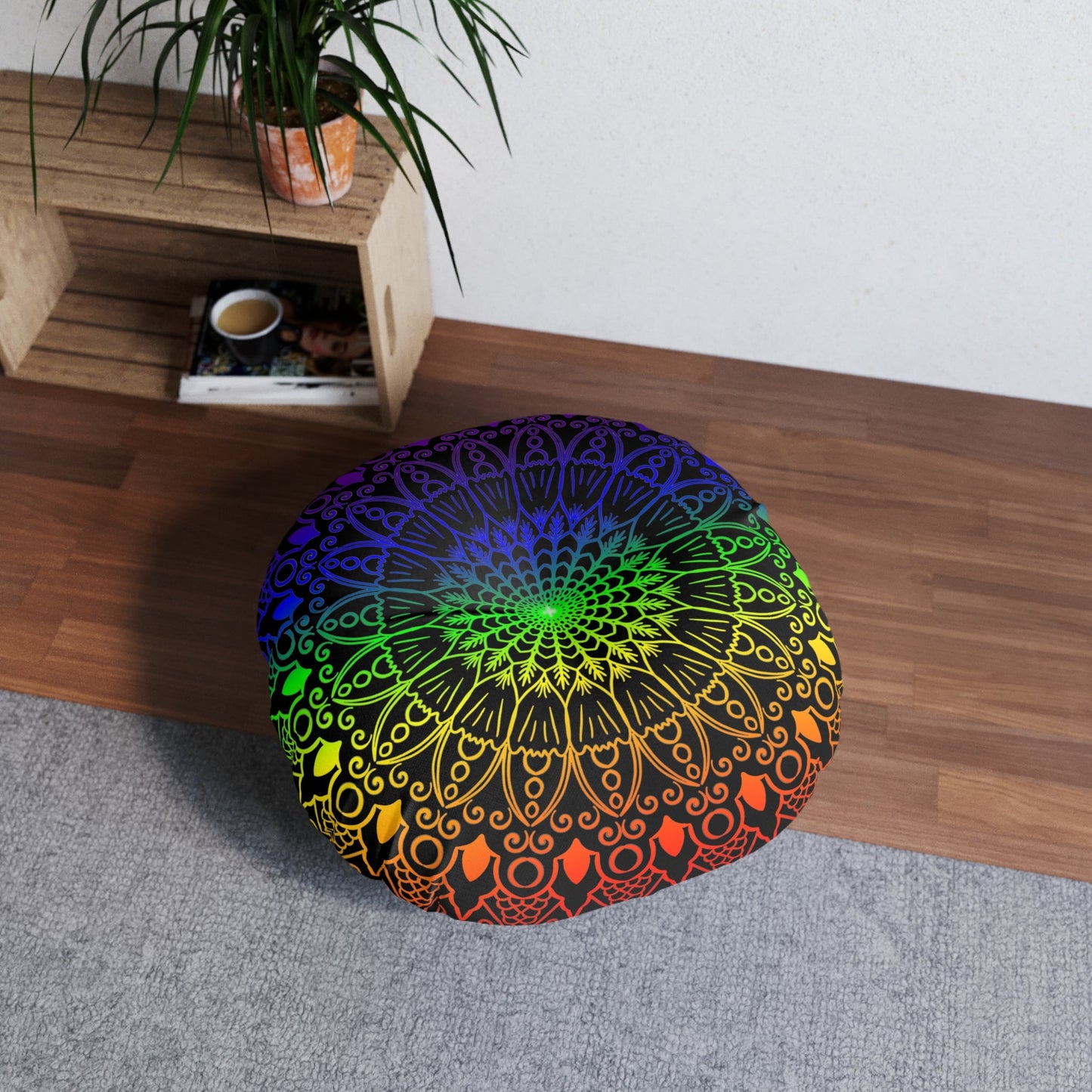 Floor Cushion Handmade Mandala Art - Rainbow on Black background - Drawn by Hand - Tufted Floor Pillow, Round - Blululi