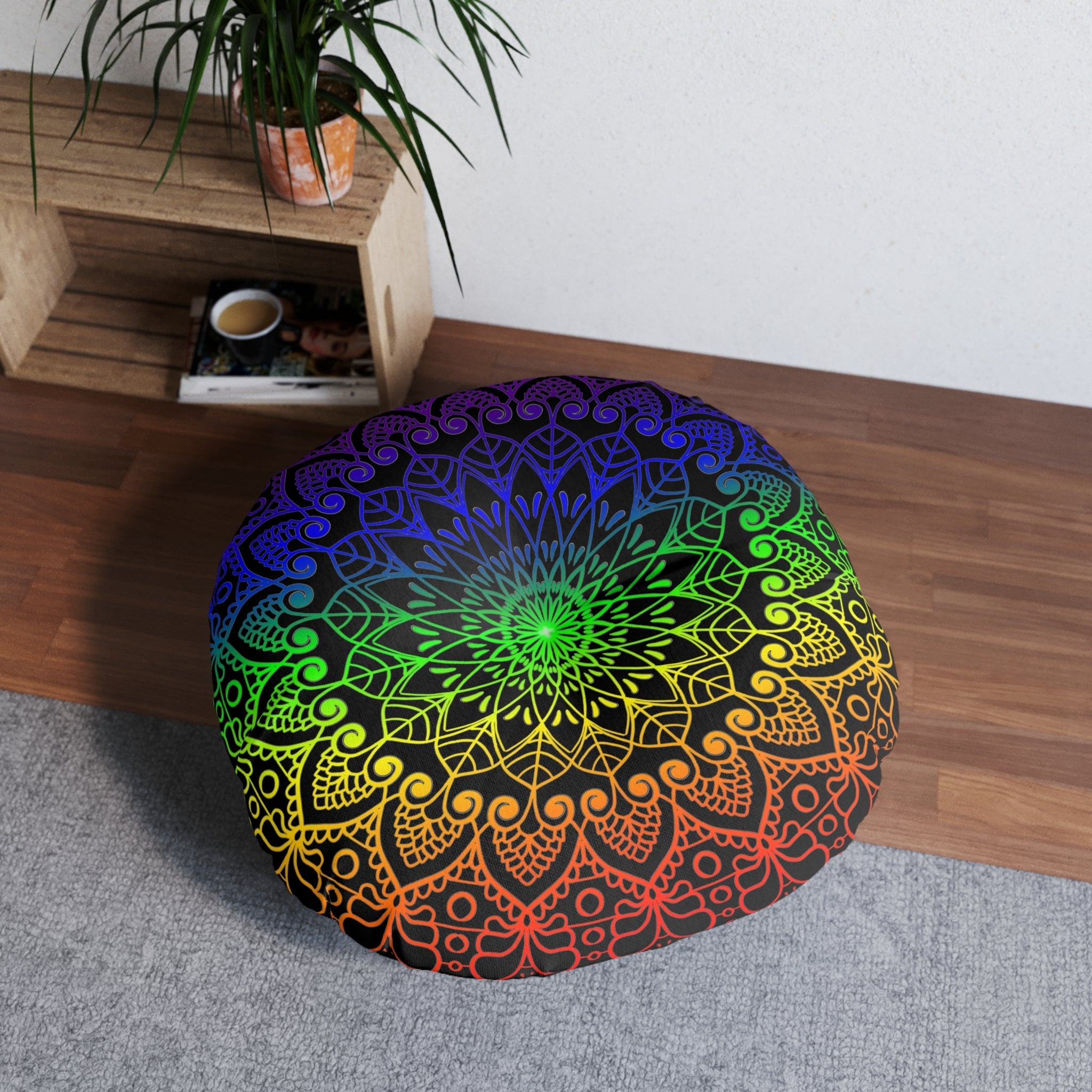 Floor Cushion Handmade Mandala Art - Rainbow on Black background - Drawn by Hand - Tufted Floor Pillow, Round - Blululi