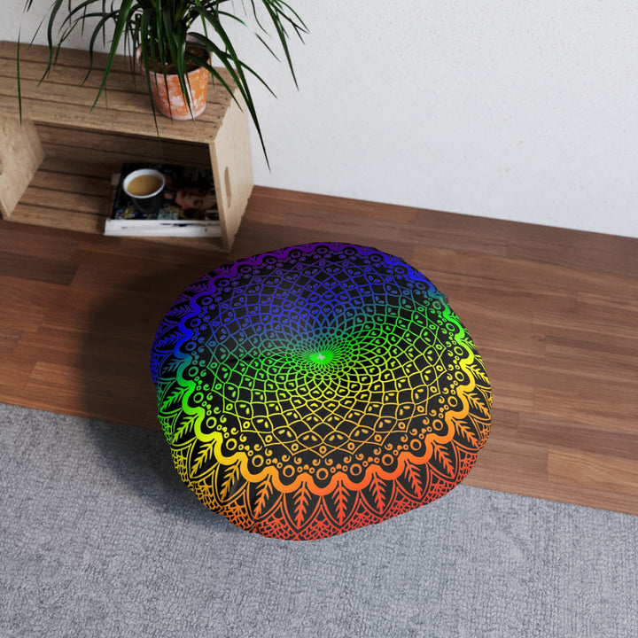 Floor Cushion Handmade Mandala Art - Rainbow on Black background - Drawn by Hand - Tufted Floor Pillow, Round - Blululi