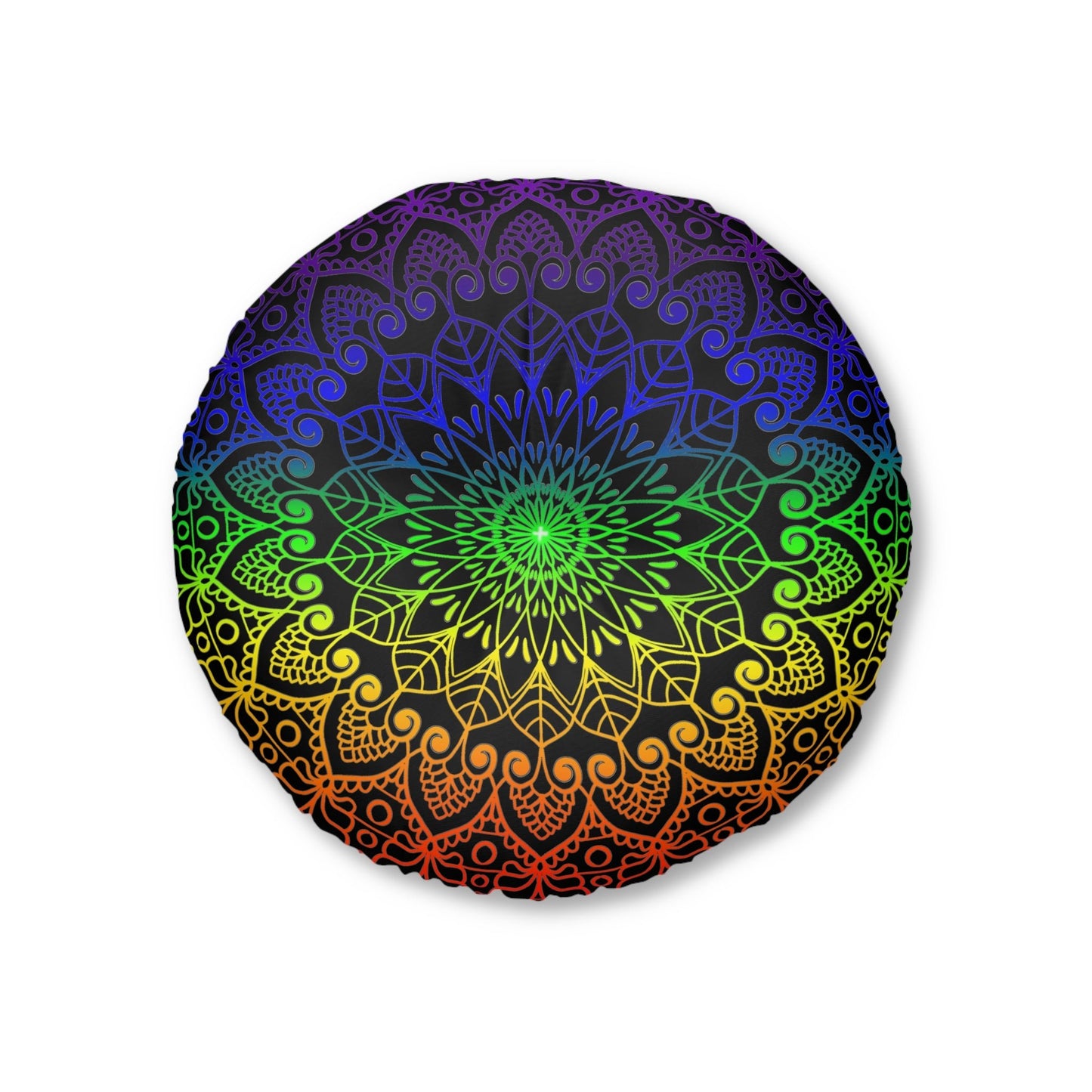 Floor Cushion Handmade Mandala Art - Rainbow on Black background - Drawn by Hand - Tufted Floor Pillow, Round - Blululi