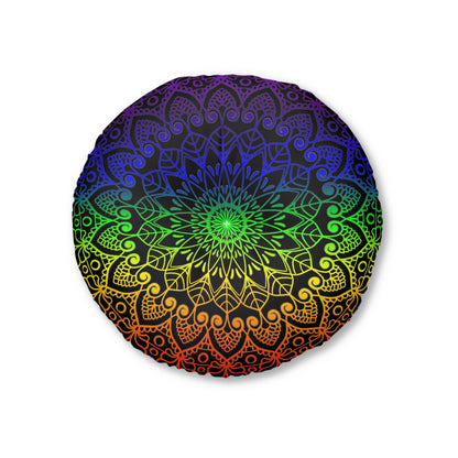 Floor Cushion Handmade Mandala Art - Rainbow on Black background - Drawn by Hand - Tufted Floor Pillow, Round - Blululi