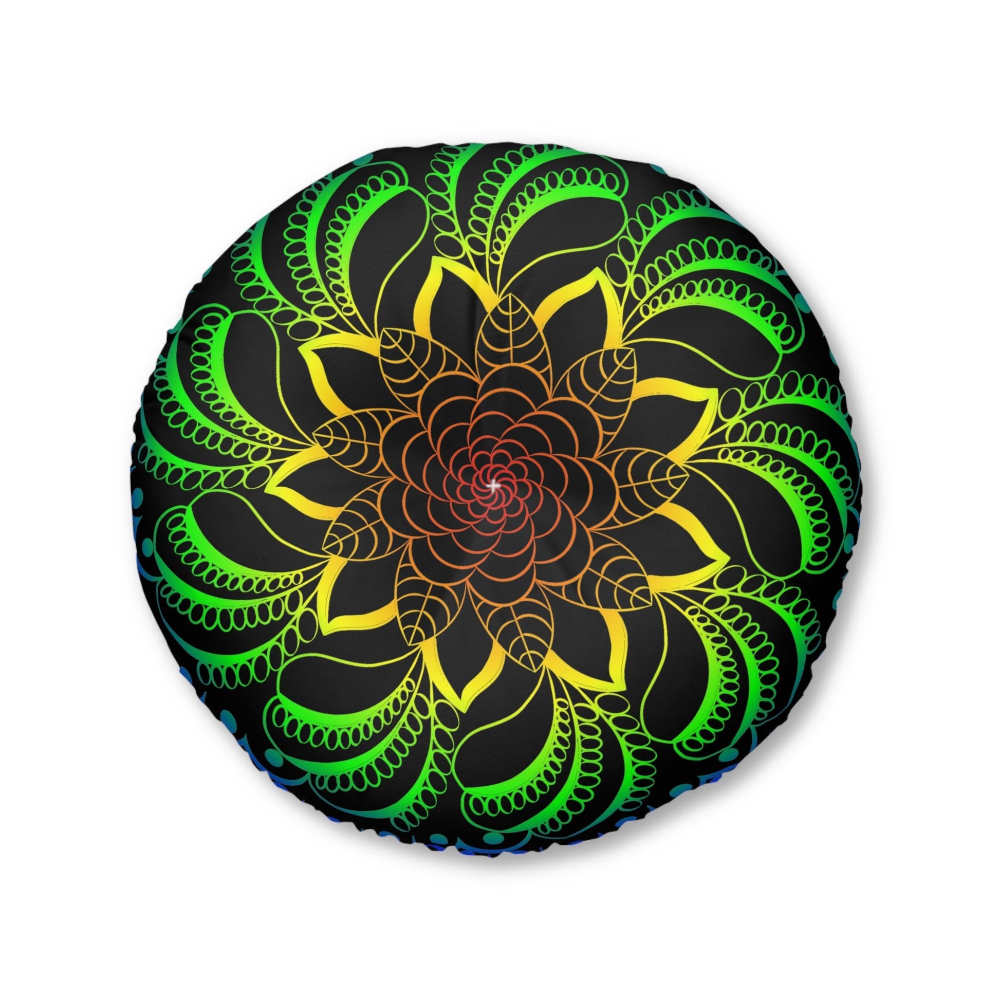 Floor Cushion Handmade Mandala Art - Rainbow on Black background - Drawn by Hand - Tufted Floor Pillow, Round - Blululi