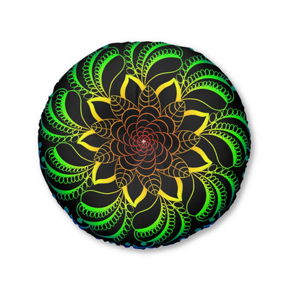 Floor Cushion Handmade Mandala Art - Rainbow on Black background - Drawn by Hand - Tufted Floor Pillow, Round - Blululi