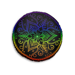 Floor Cushion Handmade Mandala Art - Rainbow on Black background - Drawn by Hand - Tufted Floor Pillow, Round - Blululi