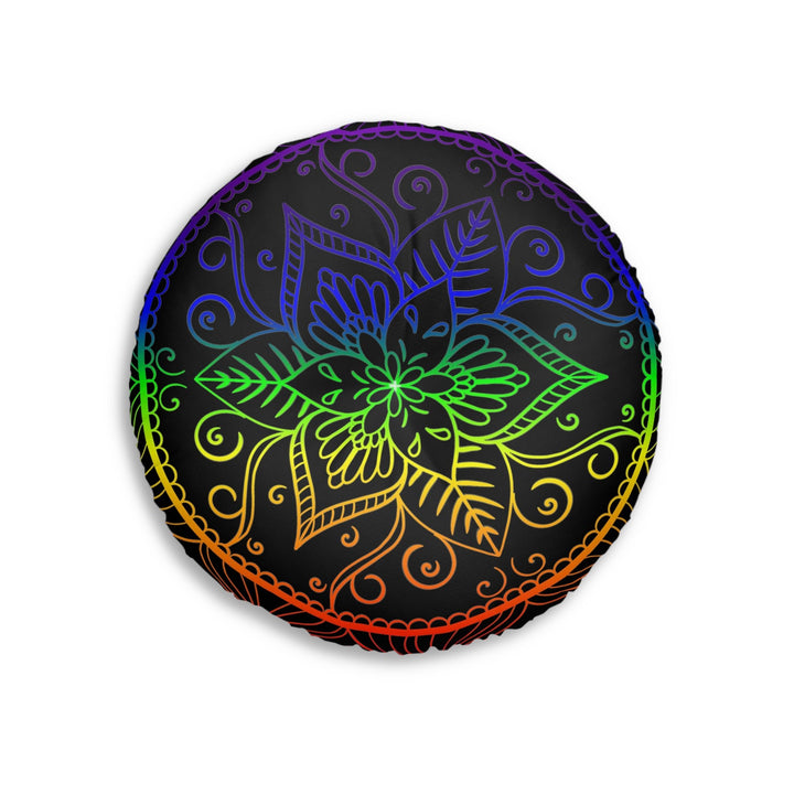 Floor Cushion Handmade Mandala Art - Rainbow on Black background - Drawn by Hand - Tufted Floor Pillow, Round - Blululi