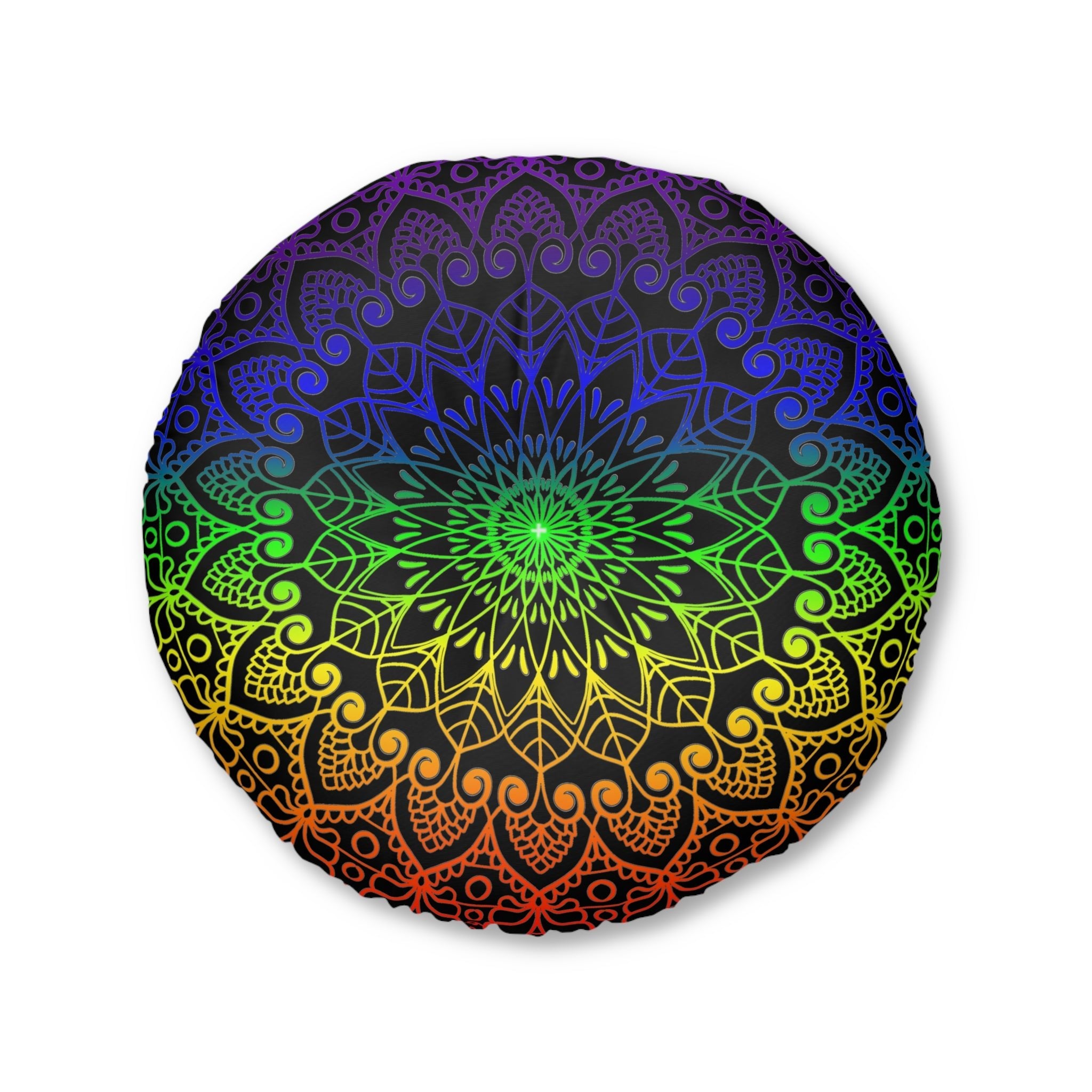 Floor Cushion Handmade Mandala Art - Rainbow on Black background - Drawn by Hand - Tufted Floor Pillow, Round - Blululi