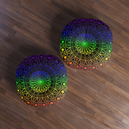 Floor Cushion Handmade Mandala Art - Rainbow on Black background - Drawn by Hand - Tufted Floor Pillow, Round - Blululi