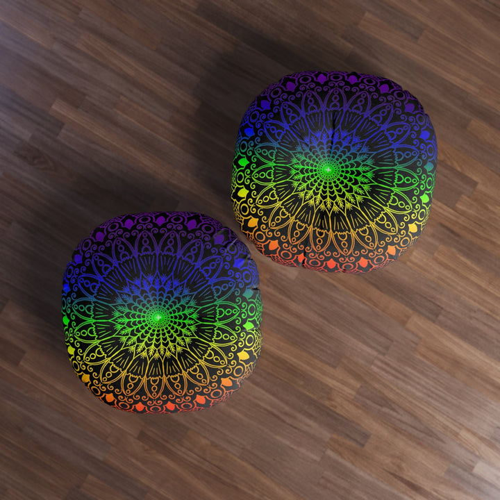 Floor Cushion Handmade Mandala Art - Rainbow on Black background - Drawn by Hand - Tufted Floor Pillow, Round - Blululi