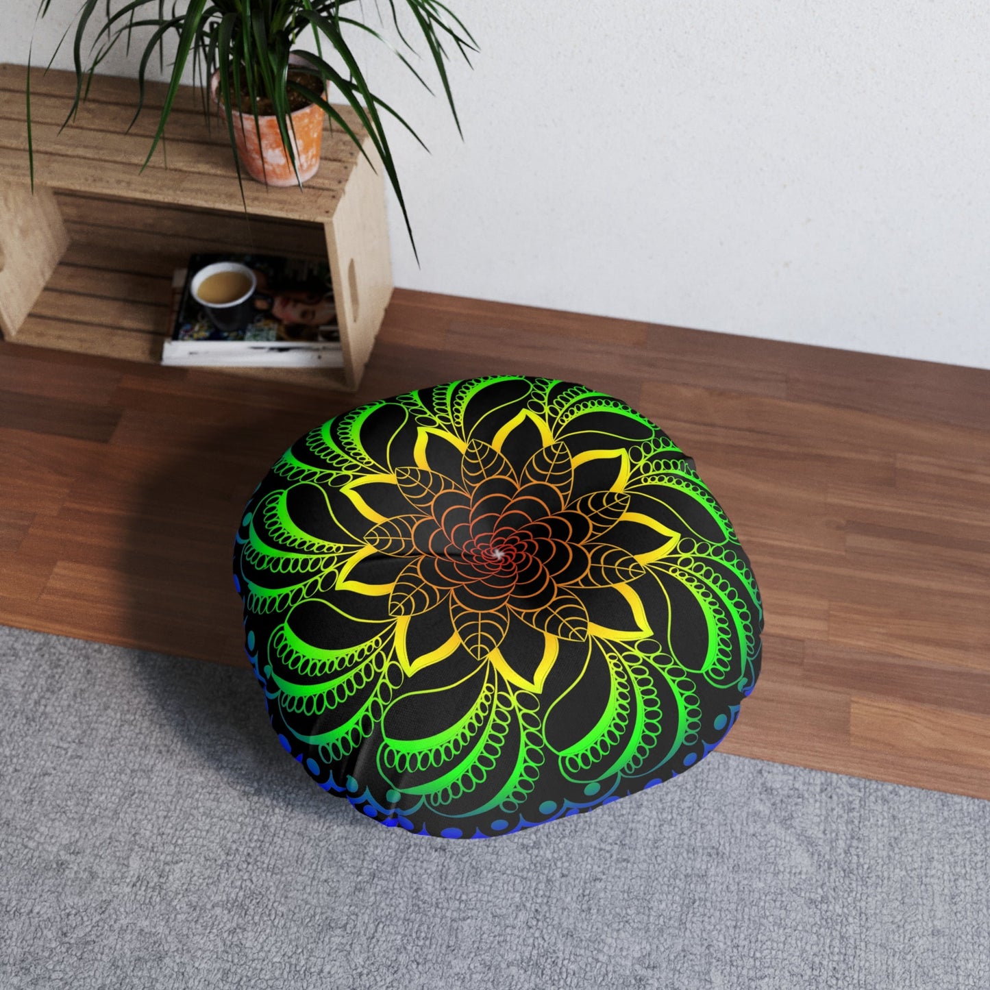 Floor Cushion Handmade Mandala Art - Rainbow on Black background - Drawn by Hand - Tufted Floor Pillow, Round - Blululi