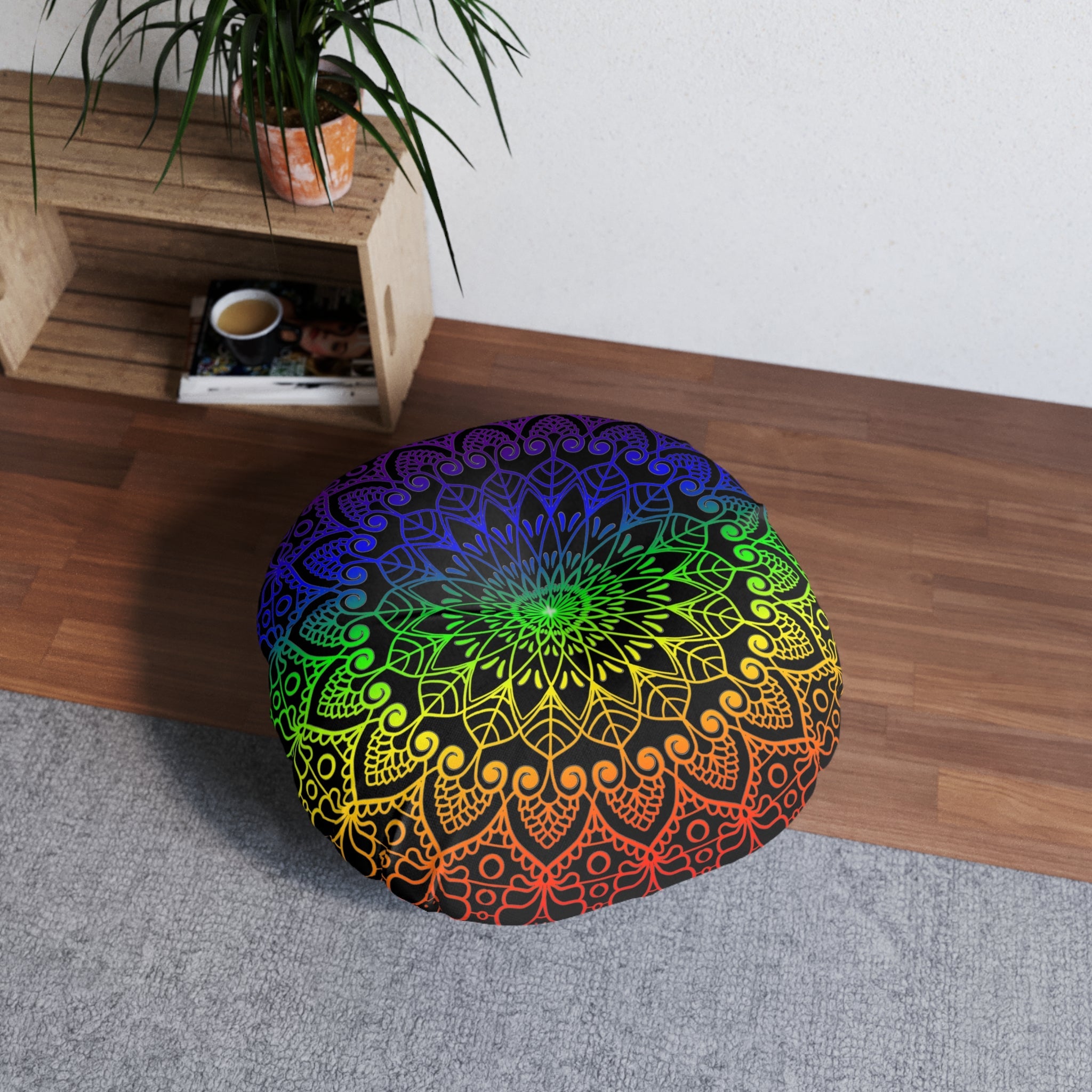 Floor Cushion Handmade Mandala Art - Rainbow on Black background - Drawn by Hand - Tufted Floor Pillow, Round - Blululi