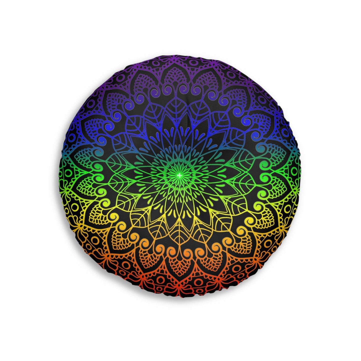 Floor Cushion Handmade Mandala Art - Rainbow on Black background - Drawn by Hand - Tufted Floor Pillow, Round - Blululi