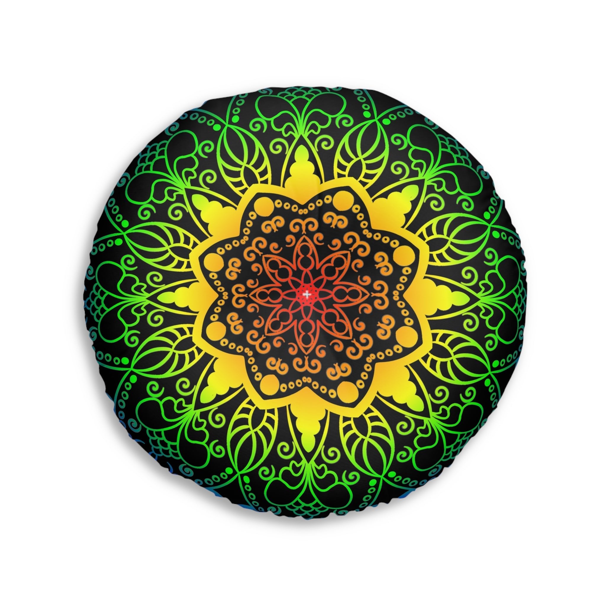 Floor Cushion Handmade Mandala Art - Rainbow on Black background - Drawn by Hand - Tufted Floor Pillow, Round - Blululi