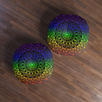 Floor Cushion Handmade Mandala Art - Rainbow on Black background - Drawn by Hand - Tufted Floor Pillow, Round - Blululi