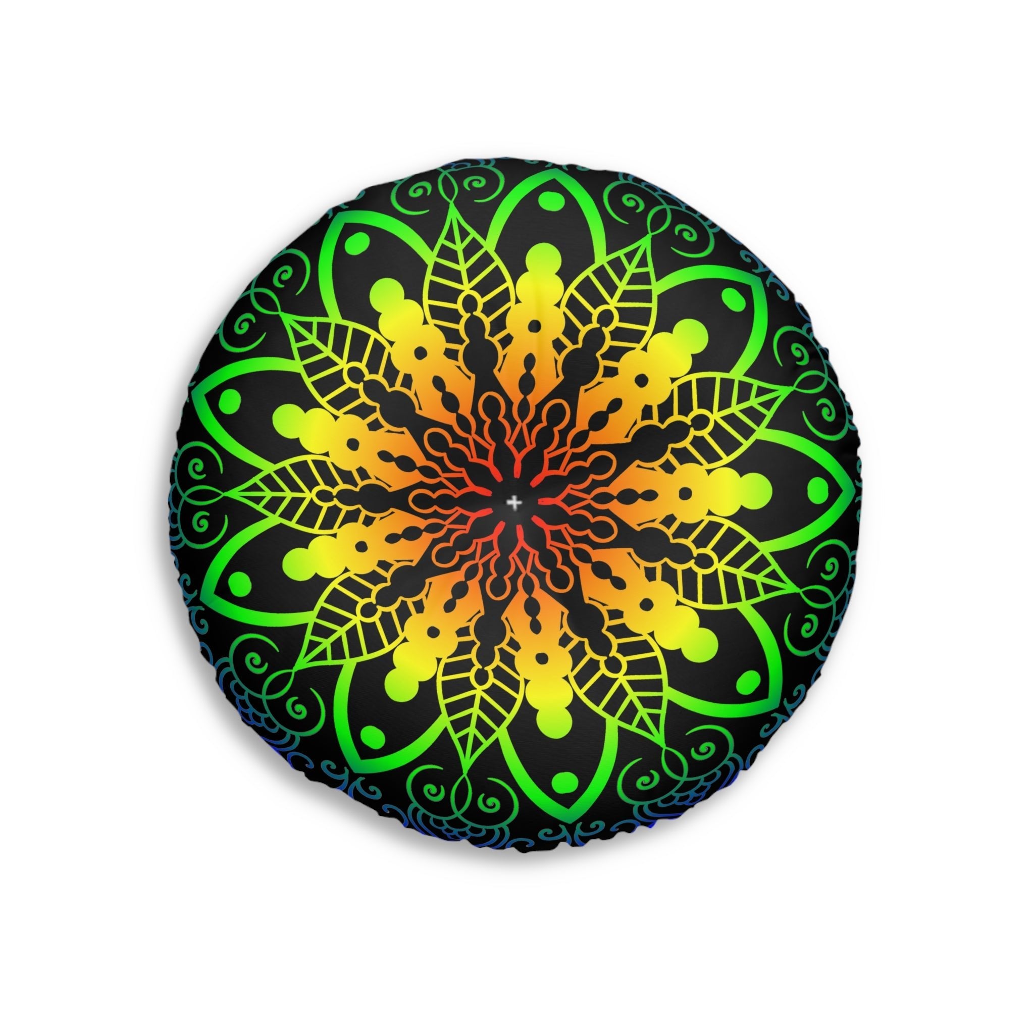 Floor Cushion Handmade Mandala Art - Rainbow on Black background - Drawn by Hand - Tufted Floor Pillow, Round - Blululi