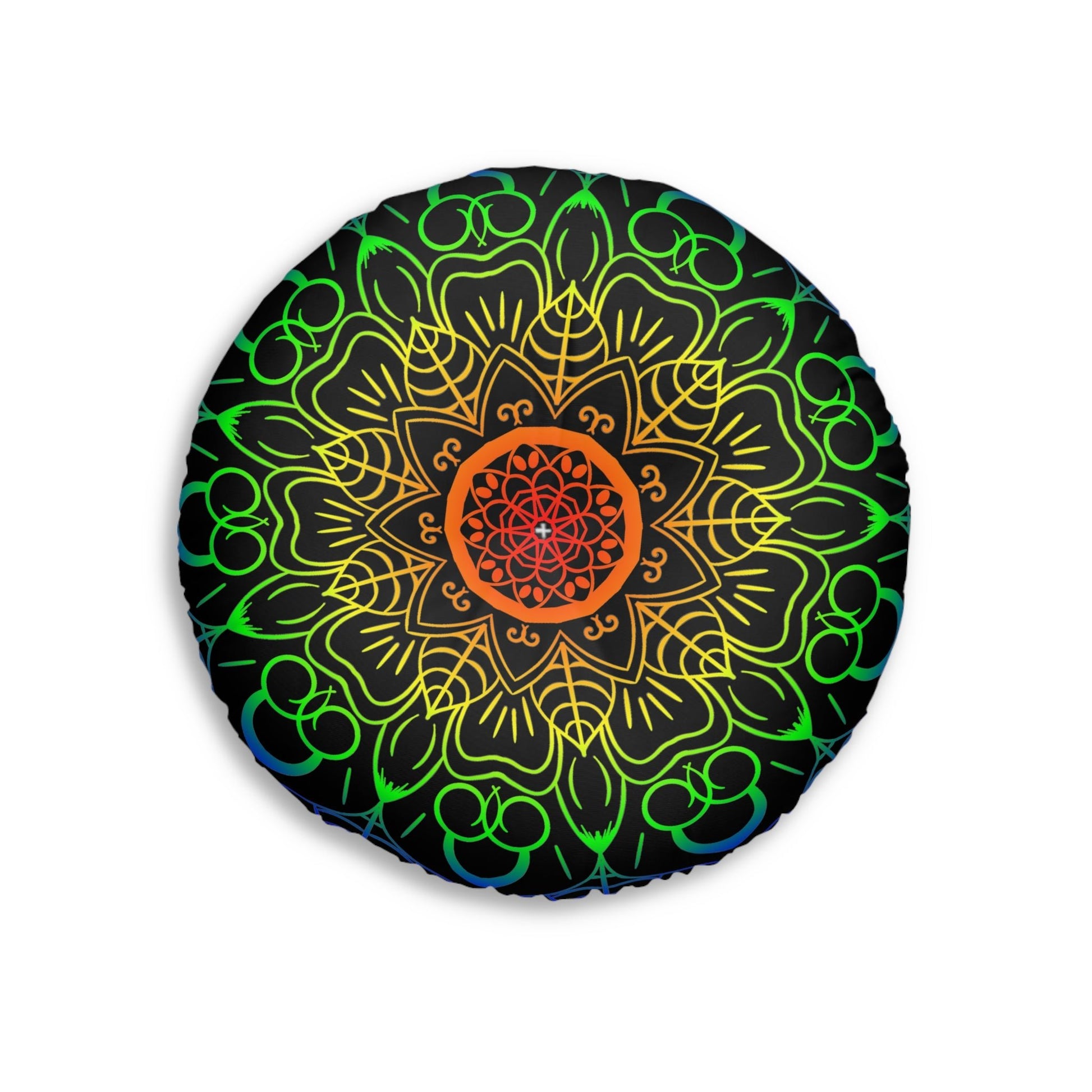 Floor Cushion Handmade Mandala Art - Rainbow on Black background - Drawn by Hand - Tufted Floor Pillow, Round - Blululi