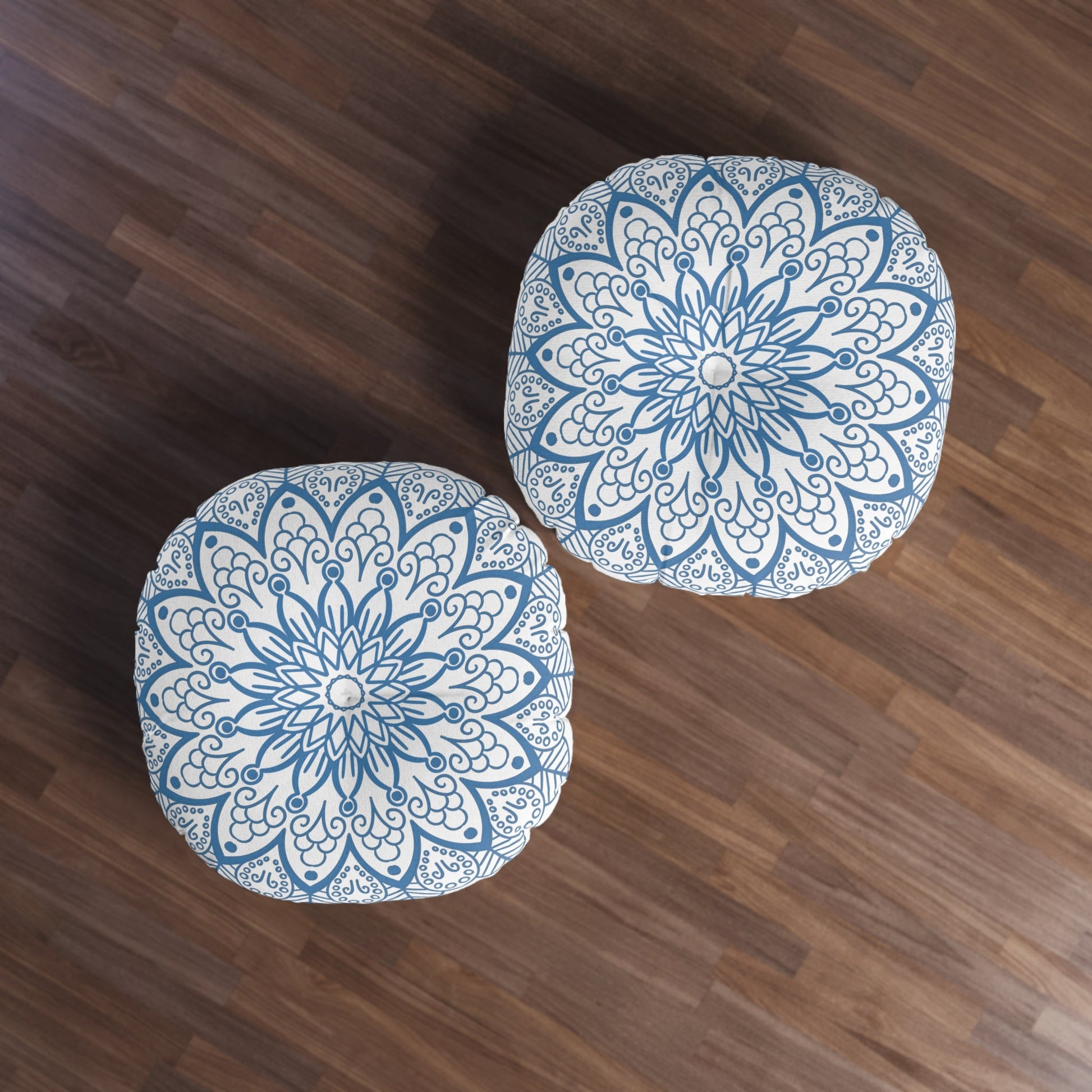 Floor Cushion Handmade Mandala Art - Steel Blue - Drawn by Hand - Tufted Floor Pillow, Round - Blululi