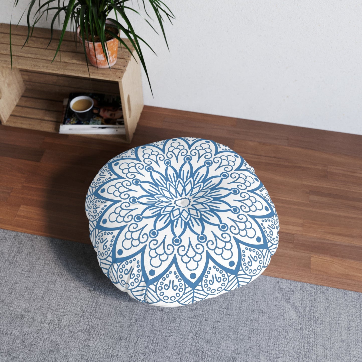 Floor Cushion Handmade Mandala Art - Steel Blue - Drawn by Hand - Tufted Floor Pillow, Round - Blululi